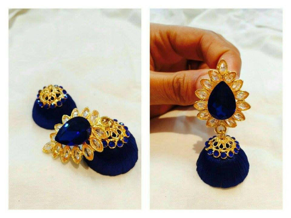 Royal Blue Kundan attached Silk Thread Jhumkas