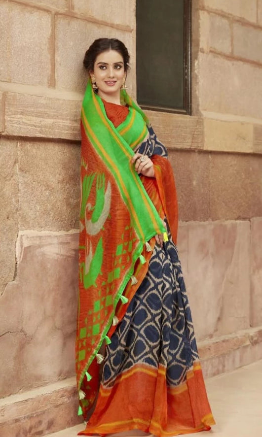 Rust and Green Jute Saree-JS006