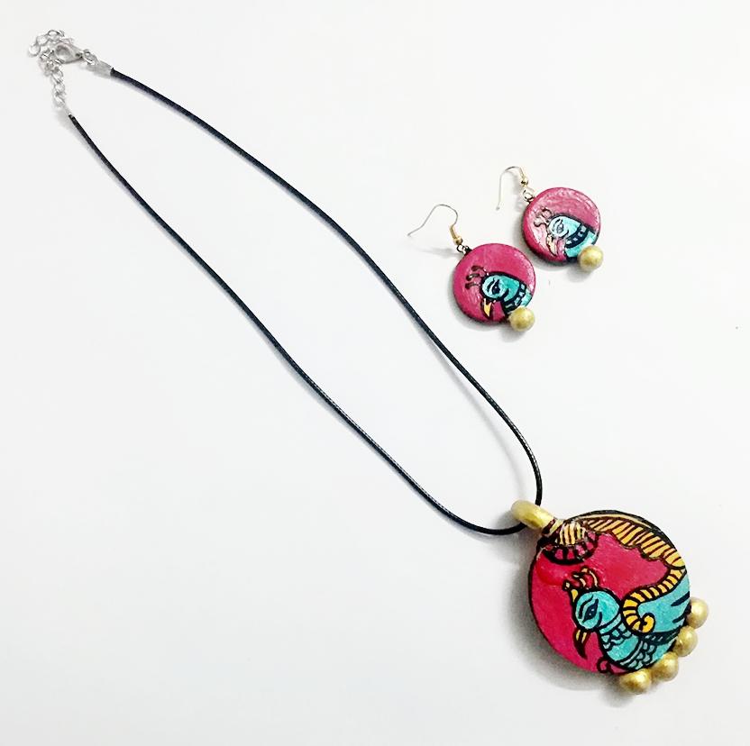Chirping Bird Double Side Art Jewel-SAJ008 Blue and pink bird painted jewellery set