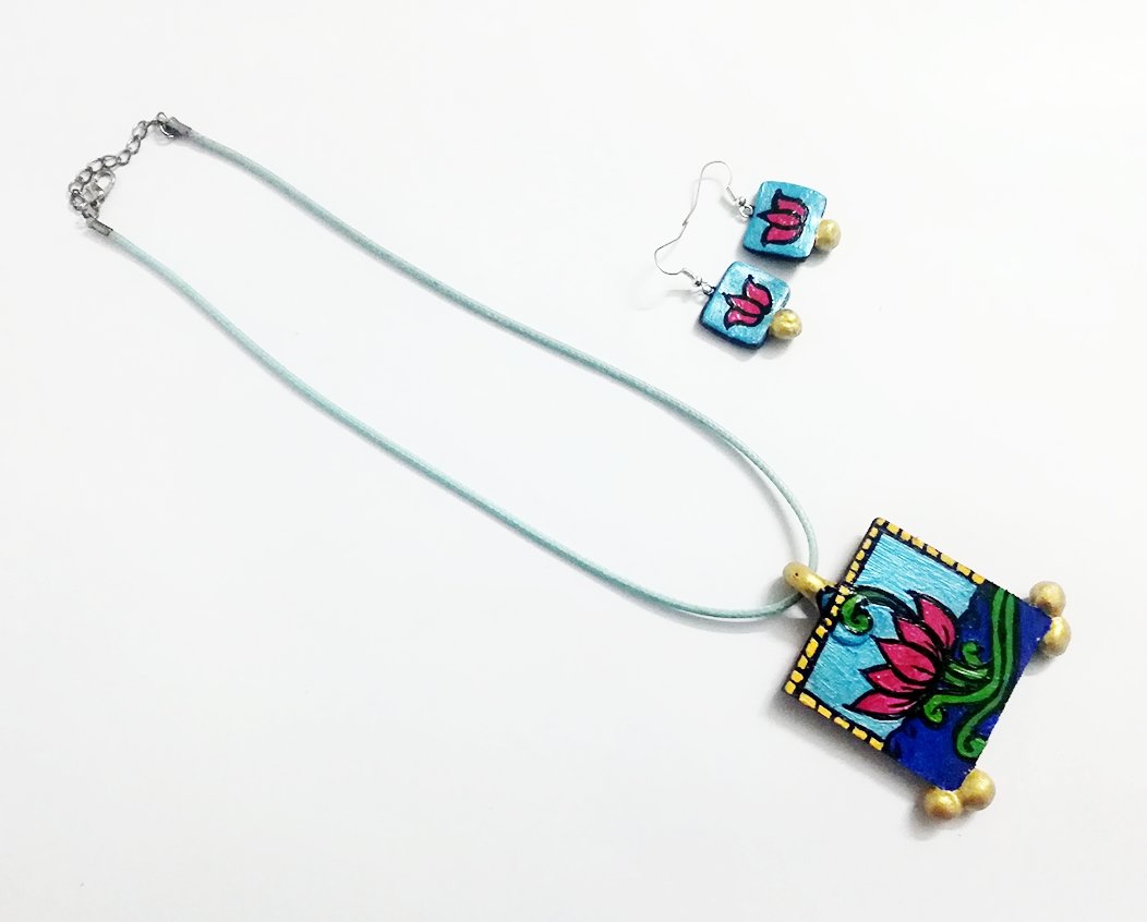 Komal Kamal Double Side Art Jewel-SAJ010 Lotus printed square pendant and earring set