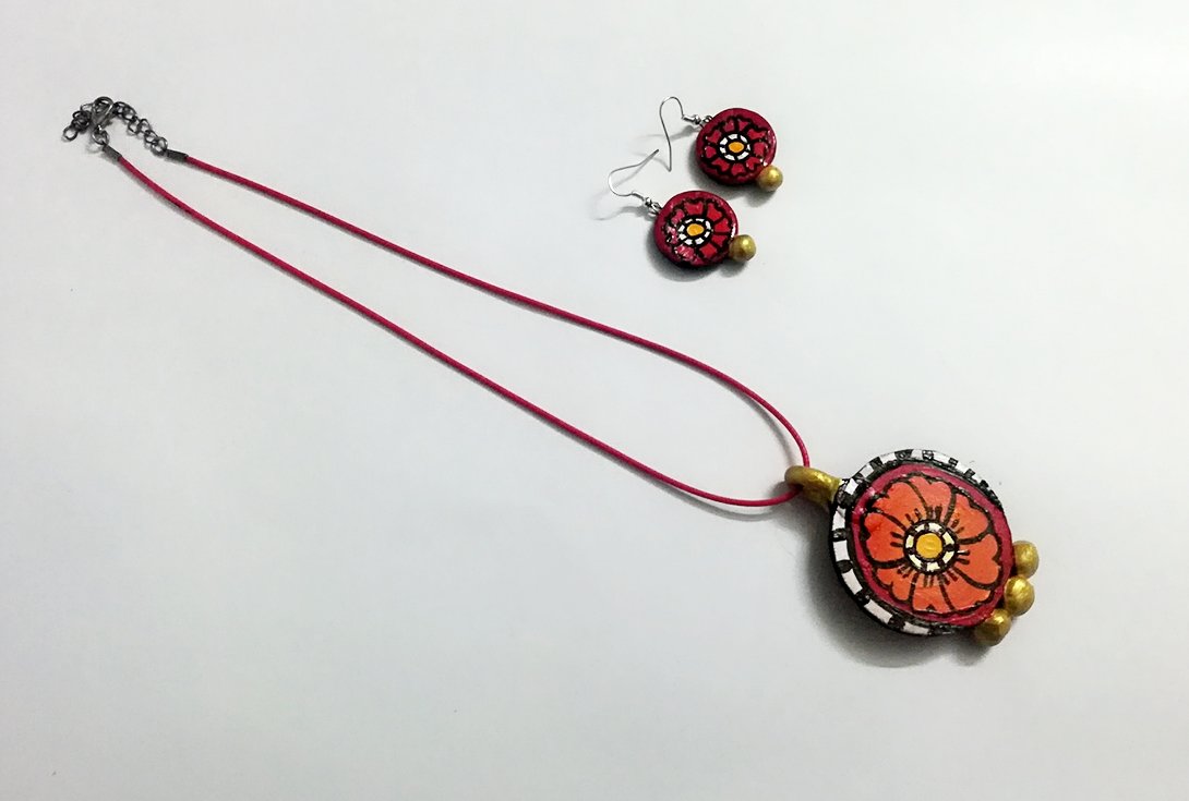 Magic Marigold Double Side Art Jewel-SAJ012 Orange flower painted earrings and pendant set