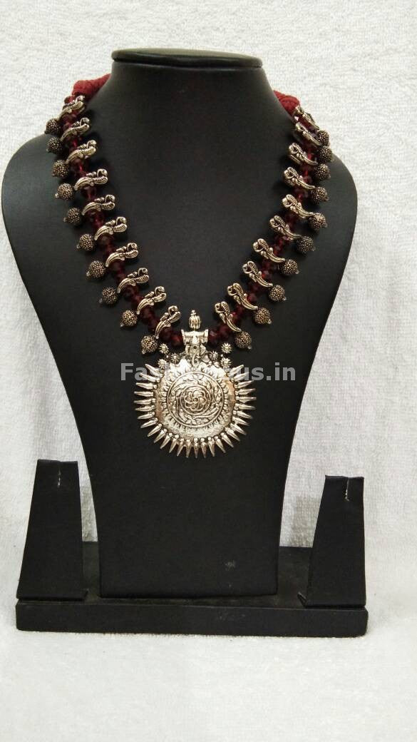 Silver Antique Pendant with Maroon Crystal Oxidised Jewellery Set-OXDJ-002