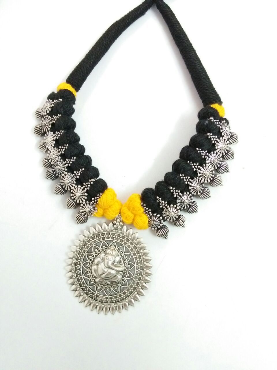 Silver Ganesh Round Antique Pendant Oxidised Jewellery Set-OXDJ-023
