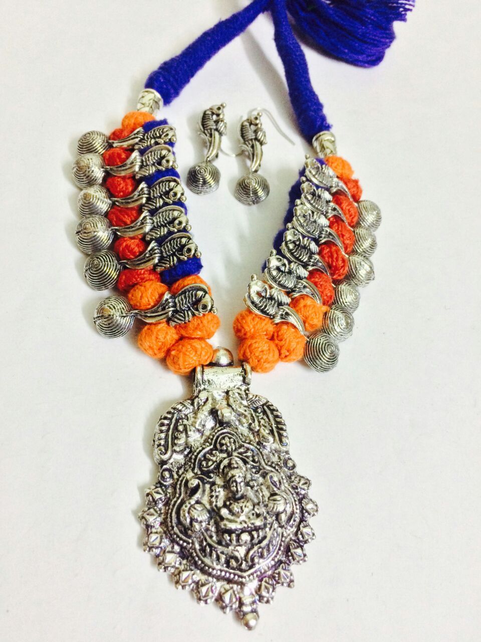 Silver Peacock Beads and Antique Pendant Oxidised Jewellery Set-OXDJ-025