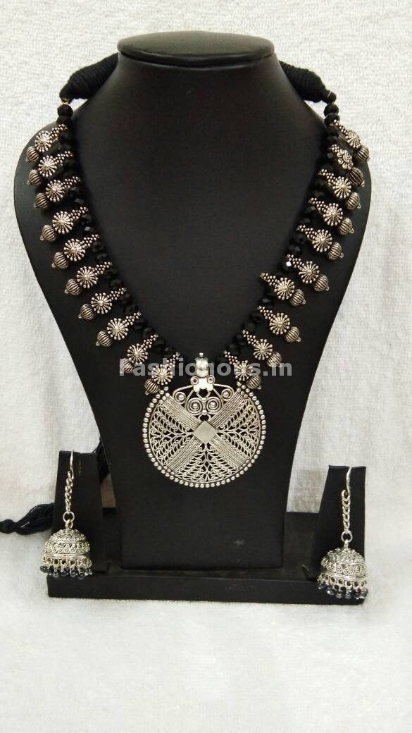 Silver Round Antique Pendant with Black Crystal Oxidised Jewellery Set-OXDJ-006