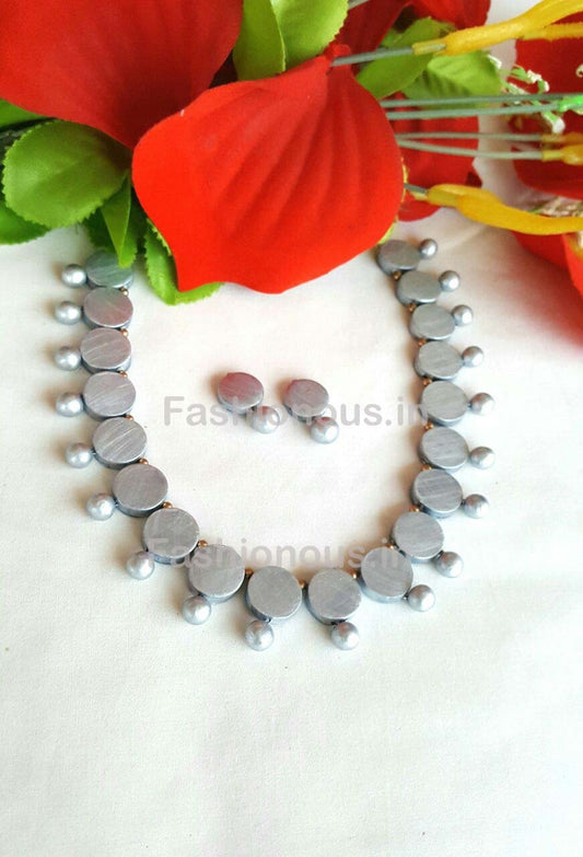Silver Round Button Stringed Terracotta Jewellery  Set-TJS-067