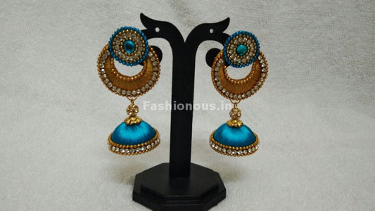 Single Golden Chandbali and Sky Blue Silk Thread Jhumkas -STJH-055