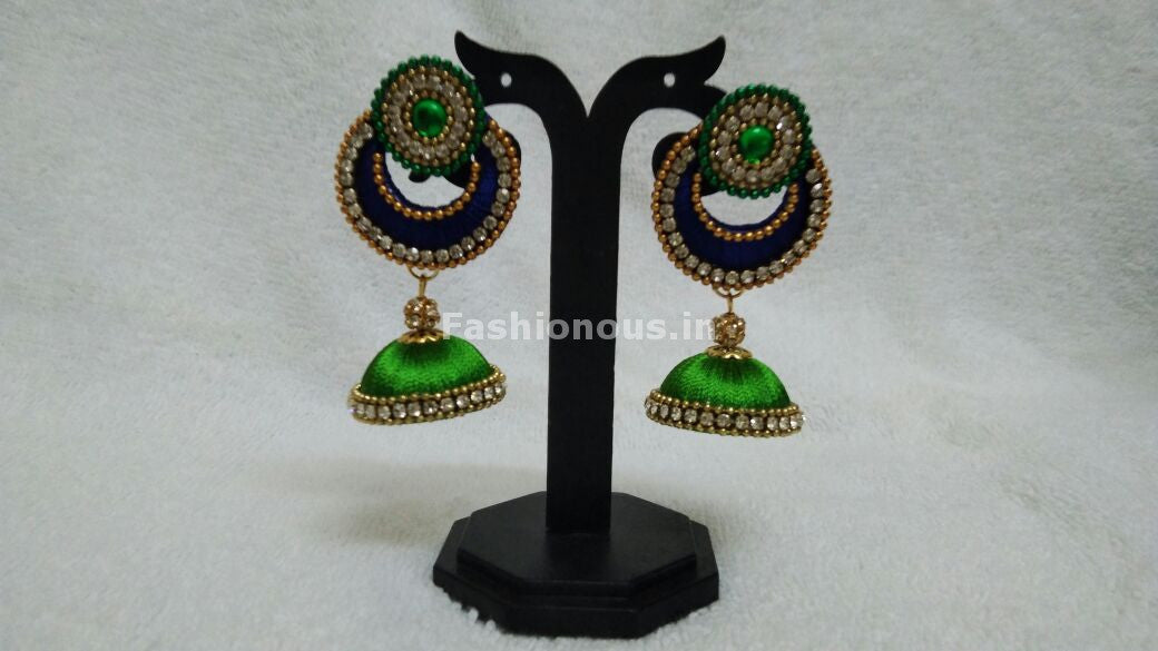 Single Ink Blue Chandbali and Light Green Silk Thread Jhumkas -STJH-053
