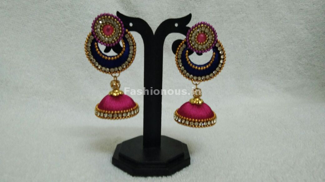 Single Ink Blue Chandbali and Pink Silk Thread Jhumkas -STJH-054