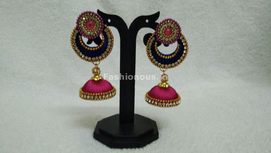 Single Ink Blue Chandbali and Pink Silk Thread Jhumkas -STJH-054