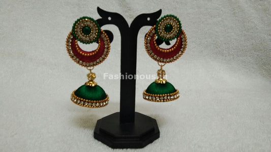 Single Red Chandbali and Dark Green Silk Thread Jhumkas -STJH-056