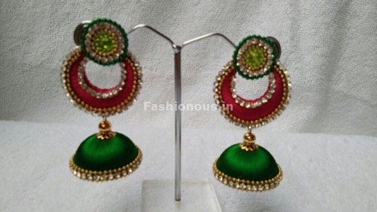 Single Red Chandbali and Light Green Silk Thread Jhumkas -STJH-057
