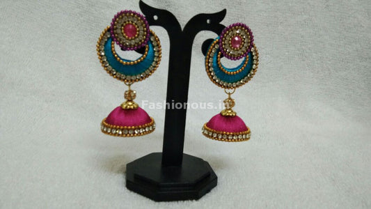 Single Sky Blue Chandbali and Pink Silk Thread Jhumkas-STJH-052