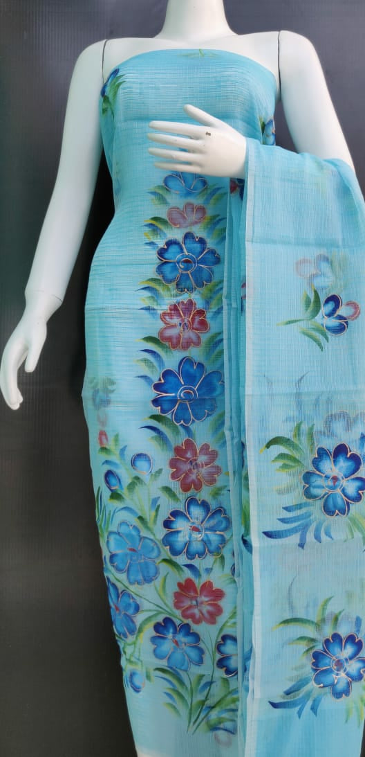 Sky Blue Floral Brush Printed Kota Dress Material