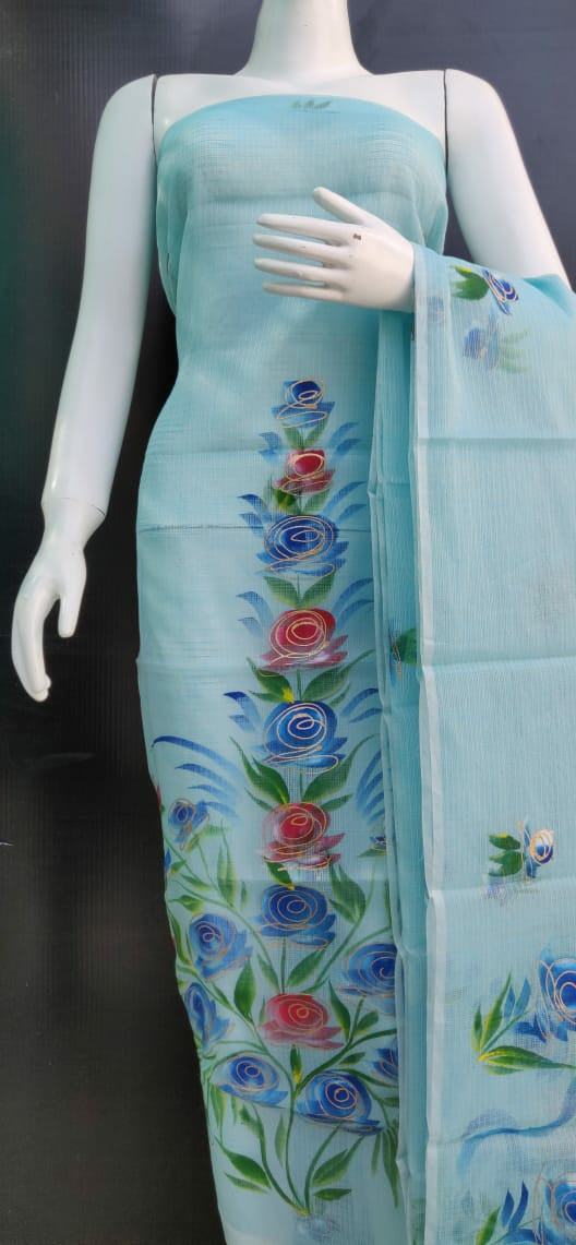 Sky Blue Rose Brush Printed Kota Dress Material