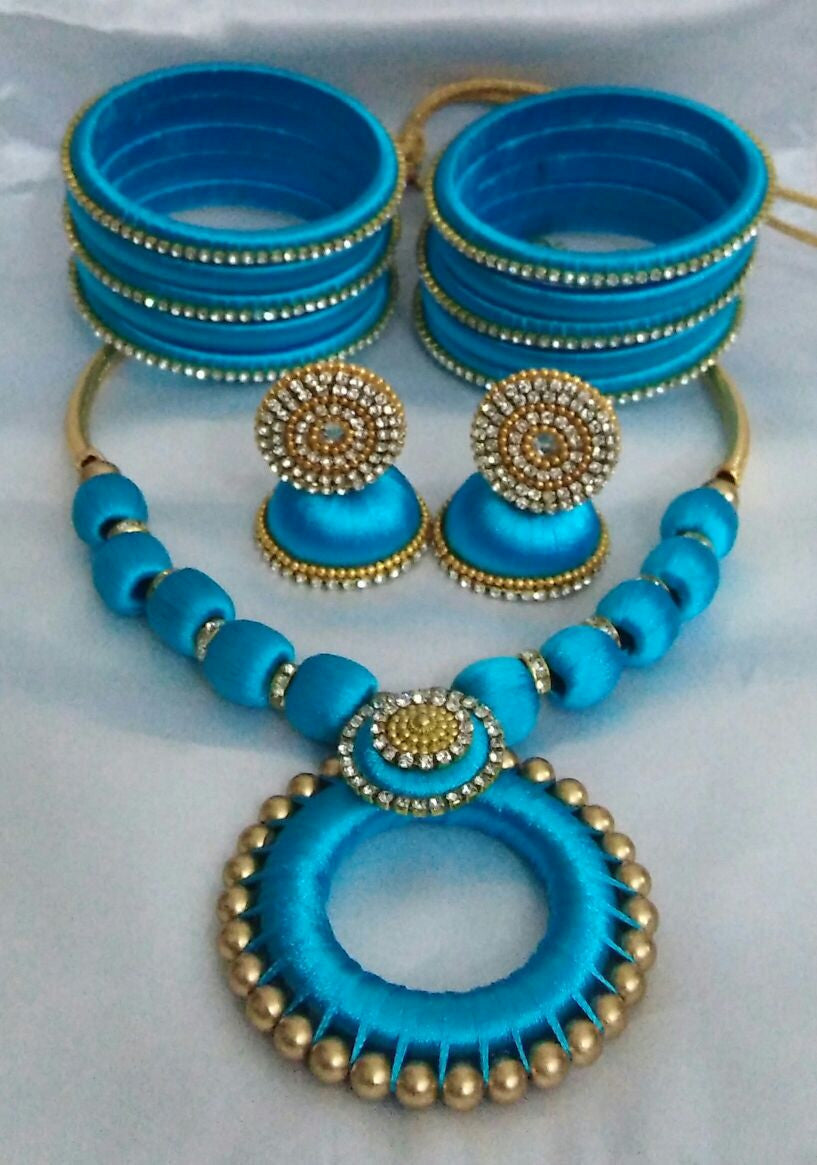 Sky Blue Silk Thread Jewellery Set - Main Image