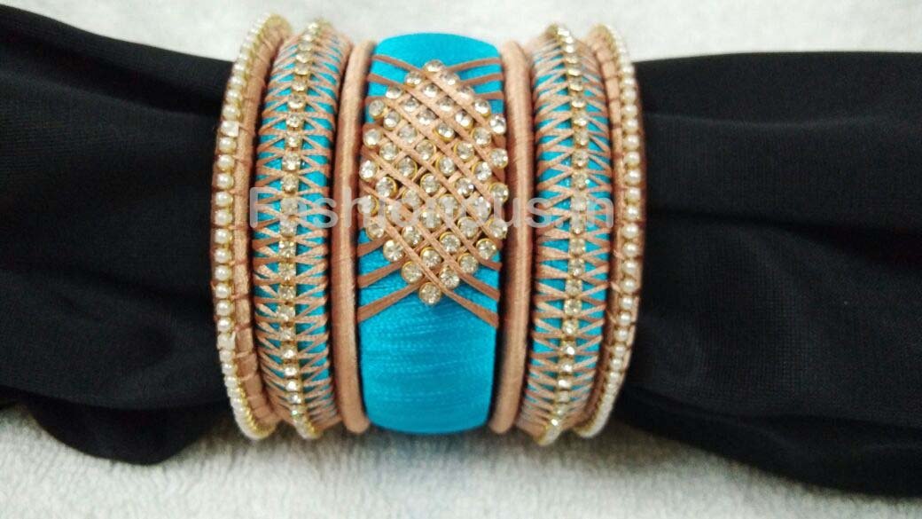 Sky Blue Stone Worked Silk Thread Bangle Set-STJSW-041