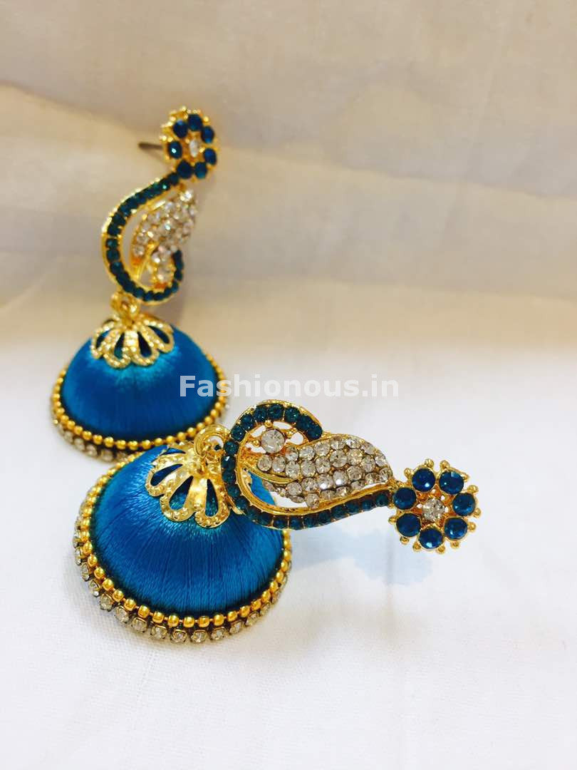 Sky Blue and White Stone Studded Peacock Neck Floral Silk Thread Jhumkas-STJH-046