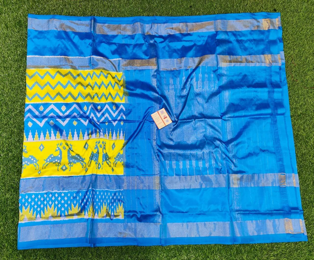 Sky Blue and Yellow with Deer border Ikkat Silk Saree