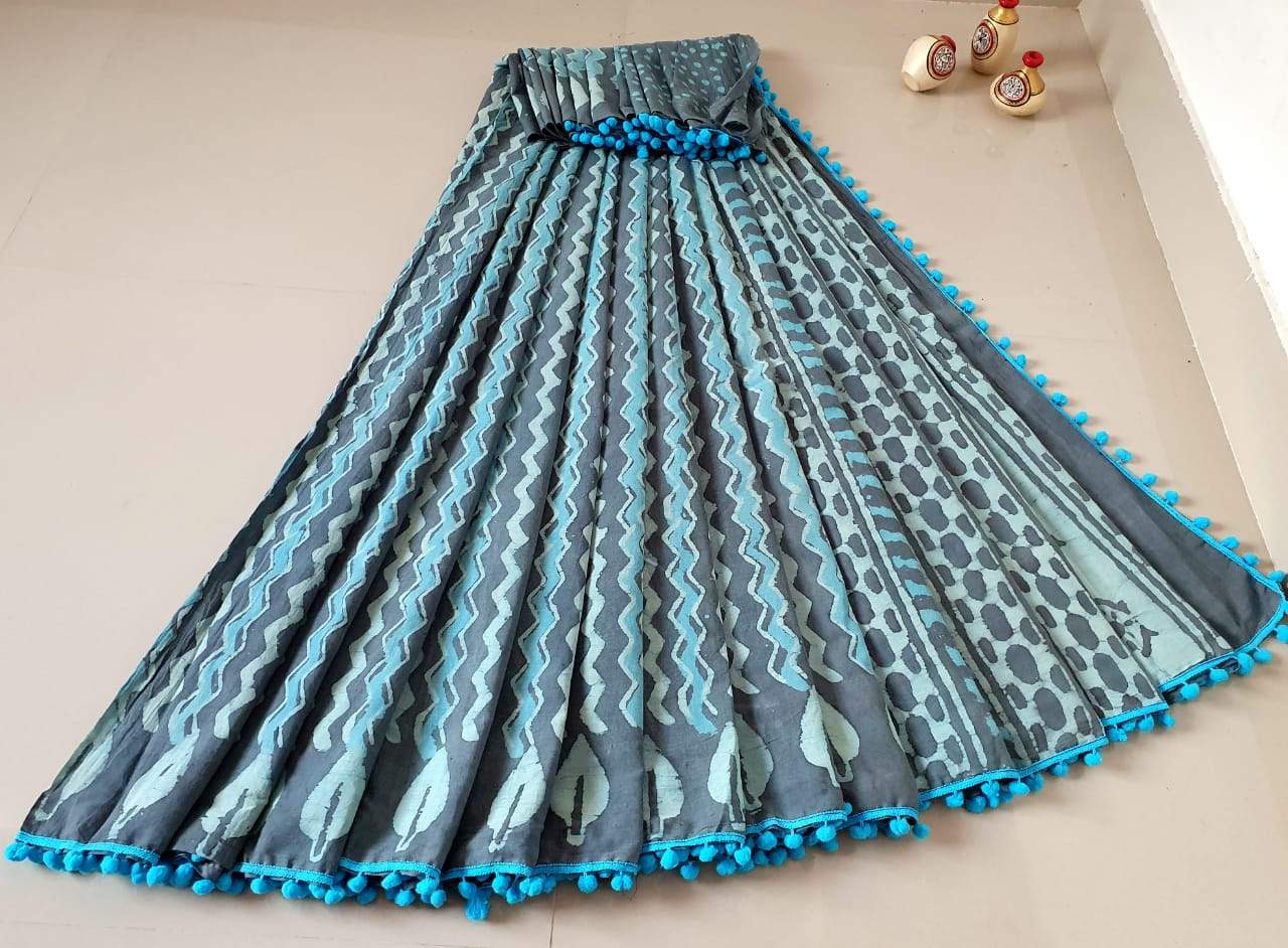 Sky Blue with Grey Print Jaipuri Cotton Saree