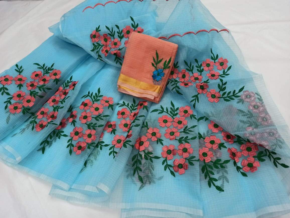 Skyblue with Peach Kota Doria Saree