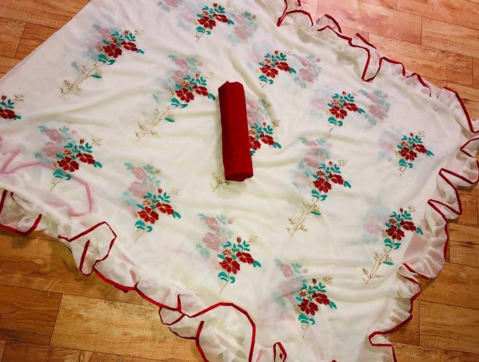 Snow White Ruffles Saree with Red Floral Embroidery-RS003