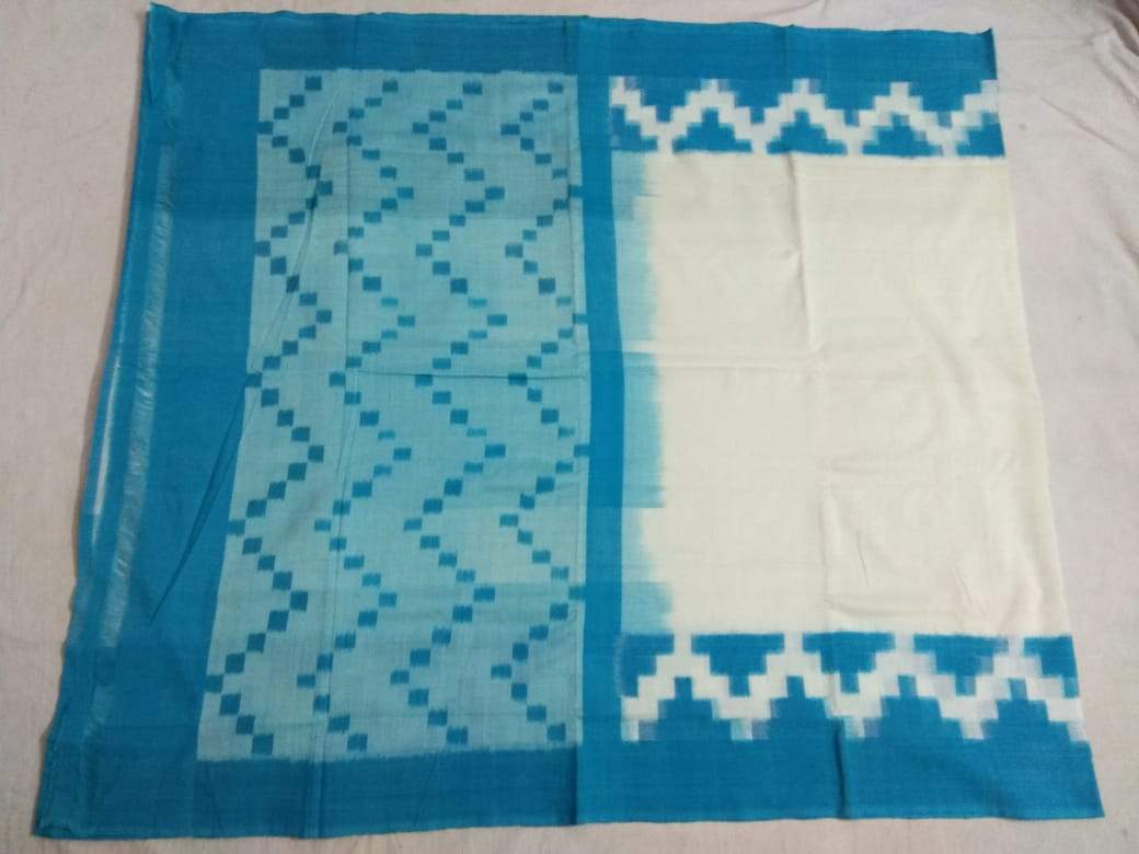 Snowflake Soft Mercerized Ikat Cotton Saree-008 White and light blue coloured regularwear saree