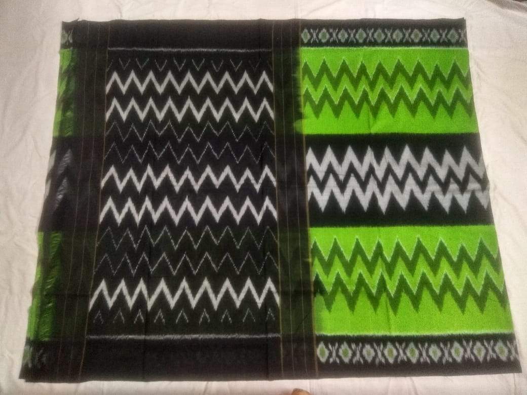 Garden Green Soft Mercerized Ikat Cotton Saree-009 Black and green lightweight saree