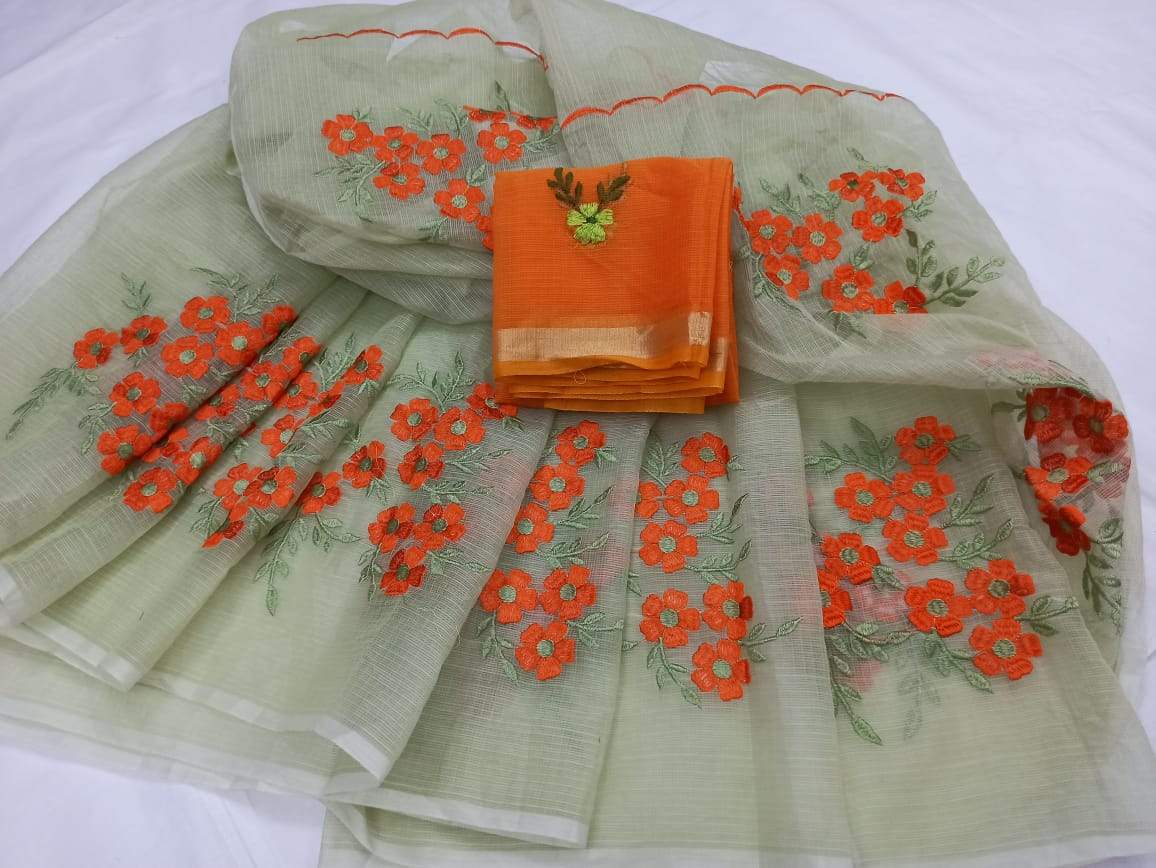 SpringGreen with Orange Kota Doria Saree