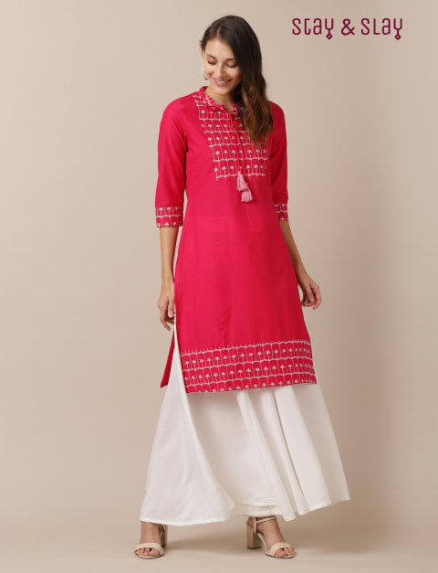Cambric Embroidered Work Straight Kurti for Women Fuschia