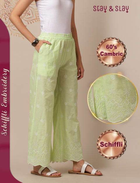 Cambric Emroidered Regular Palazzo for Women LimeGreen