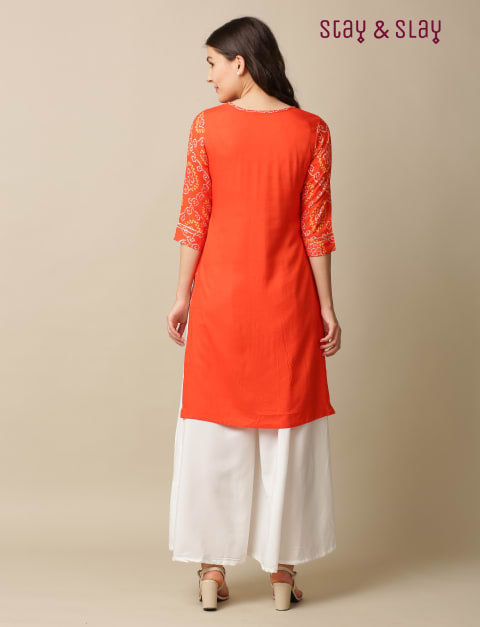 Rayon Bandhej Print Straight Kurti for Women Orange