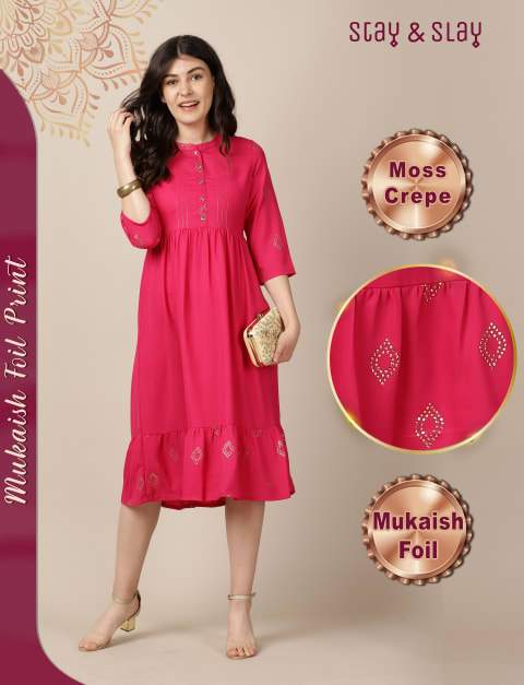 Moss Crepe Mukaish Foil Print Kurta / Indo-Western Dress for Women Fuchsia