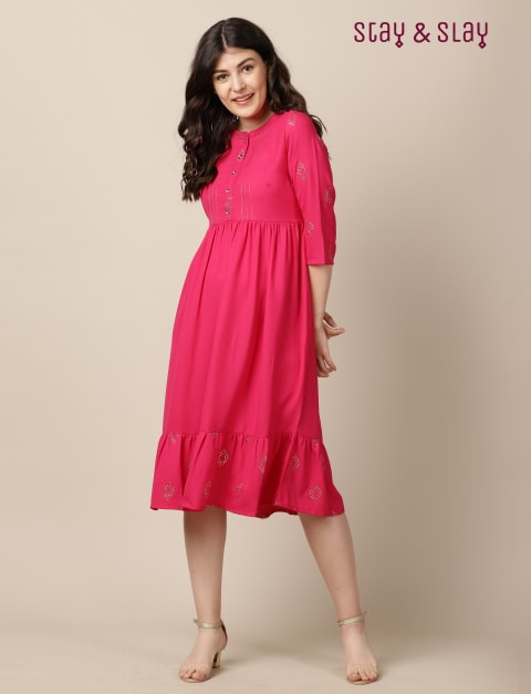 Moss Crepe Mukaish Foil Print Kurta / Indo-Western Dress for Women Fuchsia