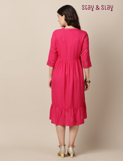Moss Crepe Mukaish Foil Print Kurta / Indo-Western Dress for Women Fuchsia