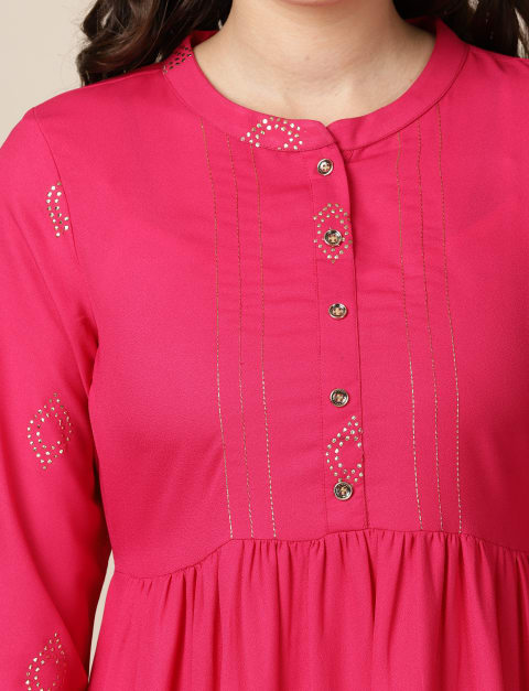 Moss Crepe Mukaish Foil Print Kurta / Indo-Western Dress for Women Fuchsia