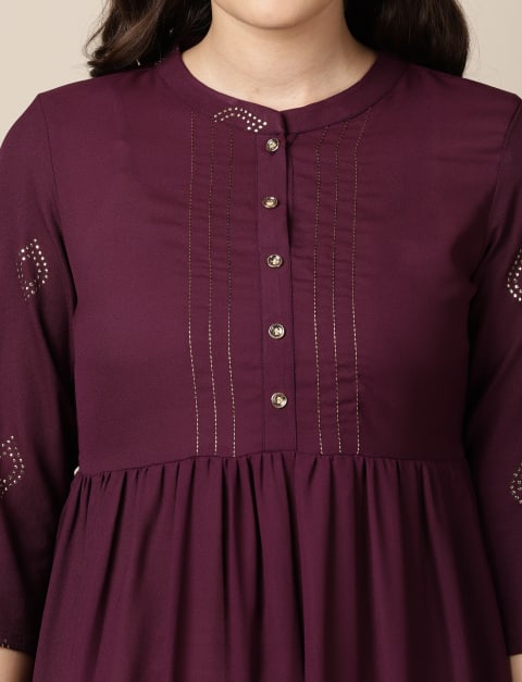 Moss Crepe Mukaish Foil Print Kurta / Indo-Western Dress for Women Purple