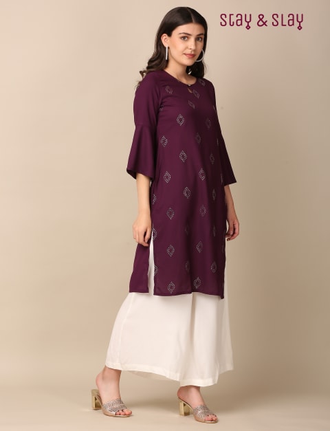 Moss Crepe Mukaish Foil Print Straight Kurti for Women Purple