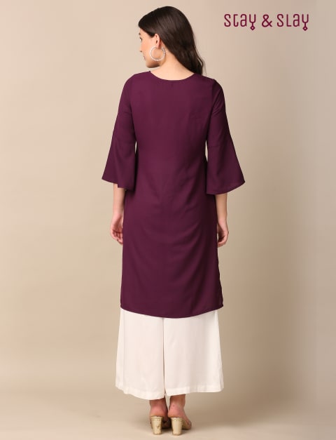 Moss Crepe Mukaish Foil Print Straight Kurti for Women Purple