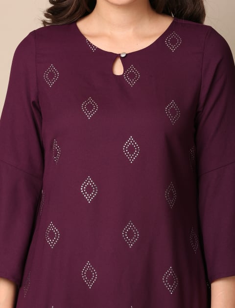 Moss Crepe Mukaish Foil Print Straight Kurti for Women Purple