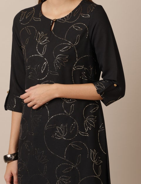 Moss Crepe Mukaish Foil Print Straight Kurti for Women Black