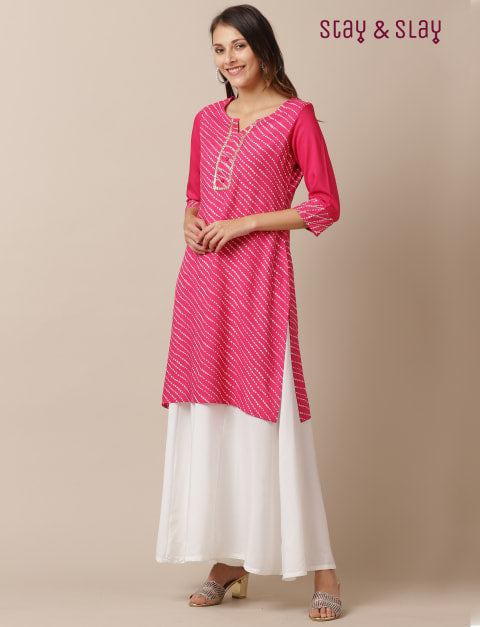 Rayon Bandhani Straight Kurti for Women Pink