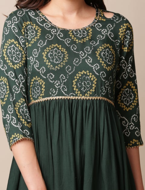 Rayon Gold Foil Print A-line Skater Fit & Flare Dress for Women Bottle Green