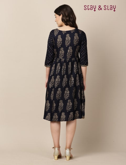 Rayon Gold Foil Print A-line Skater Fit & Flare Dress for Women Navy Blue