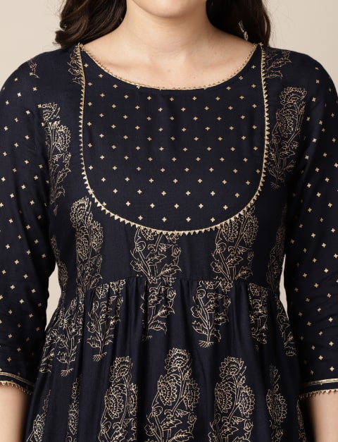 Rayon Gold Foil Print A-line Skater Fit & Flare Dress for Women Navy Blue
