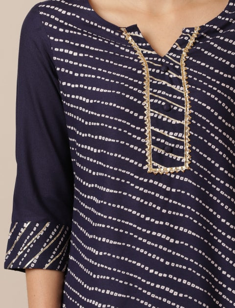 Rayon Leheriya Print Straight Kurti for Women Navy Blue
