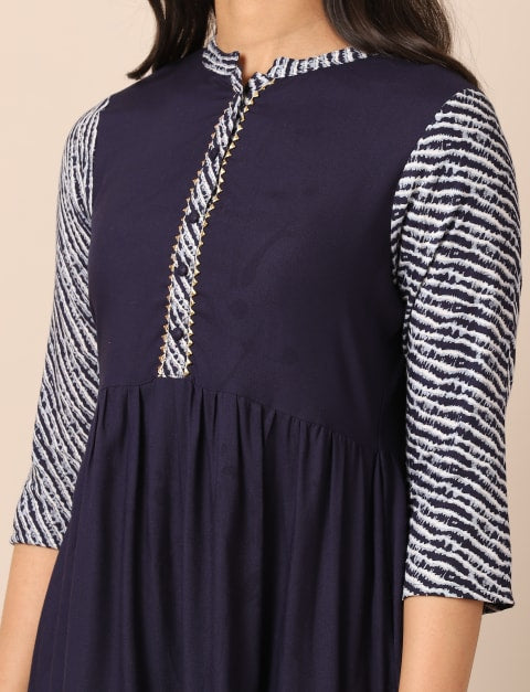 Rayon Printed A-line Skater Fit & Flare Dress for Women Navy