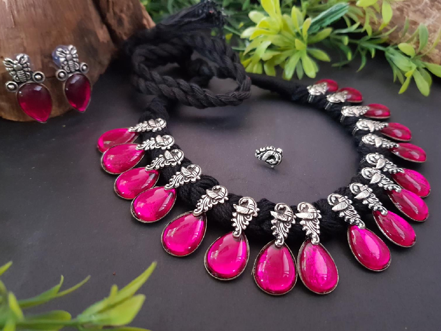 Stone Threaded Temple Jewellery Set-STTJS007