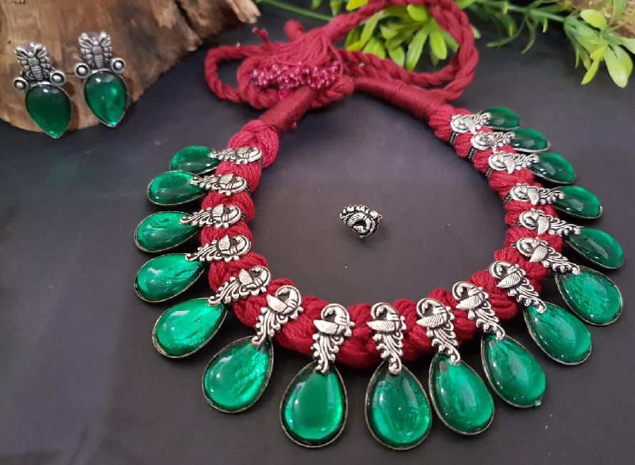 Stone Threaded Temple Jewellery Set-STTJS008