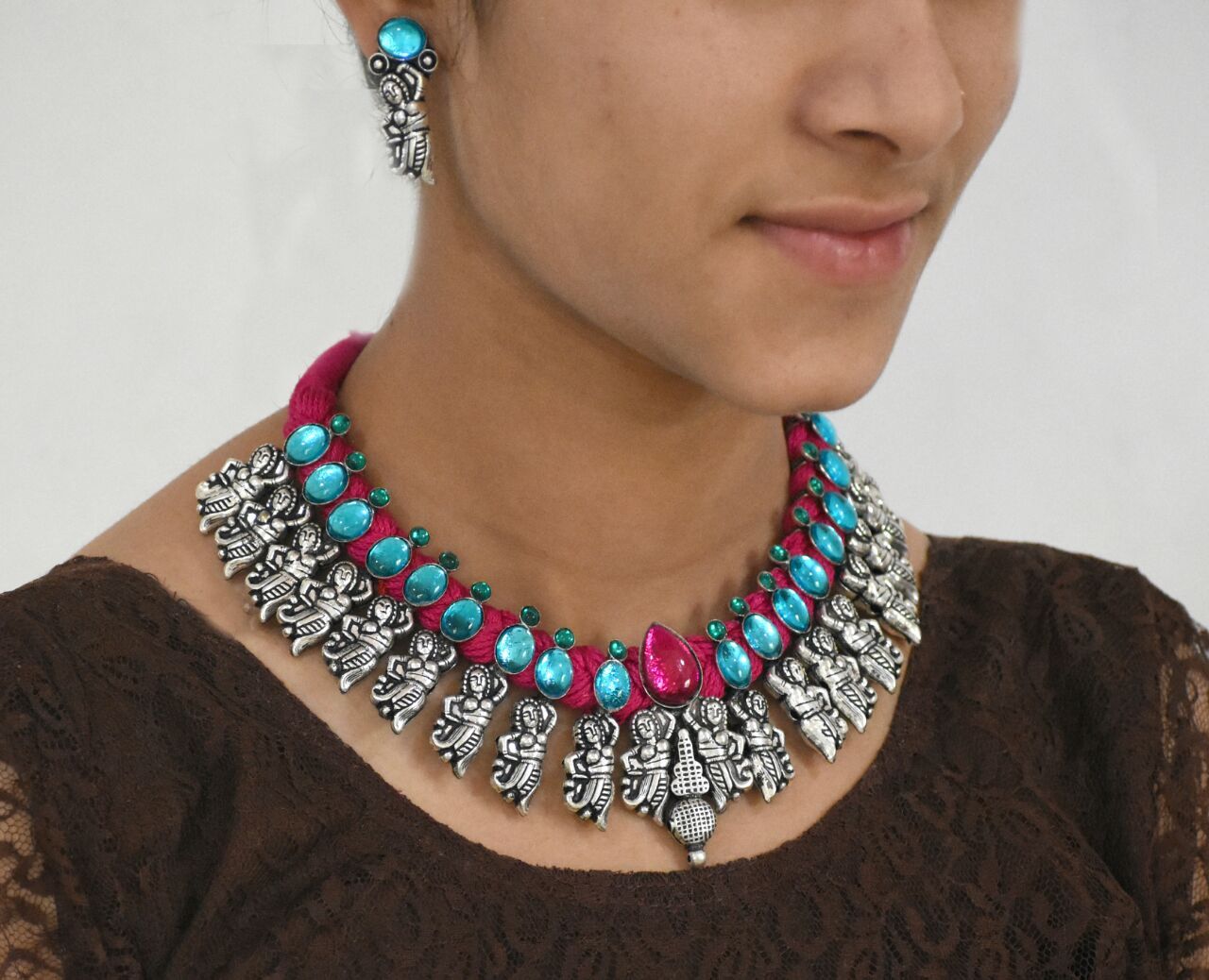 Stone Threaded Temple Jewellery Set-STTJS010